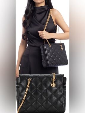 TORY BURCH Small Quilted Tote gold strap Shoulder Bag Black AUTHENTIC
